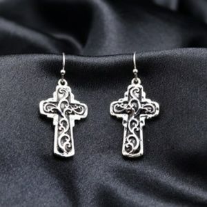 Scrollwork Silvertone Cross Hook Earrings Jesus